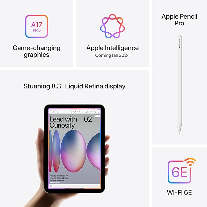 Apple iPad mini (A17 Pro): Apple Intelligence, 8.3-inch Liquid Retina Display, 128GB, Wi-Fi 6E, 12MP Front/12MP Back Camera, Touch ID, All-Day Battery Life — Space Gray