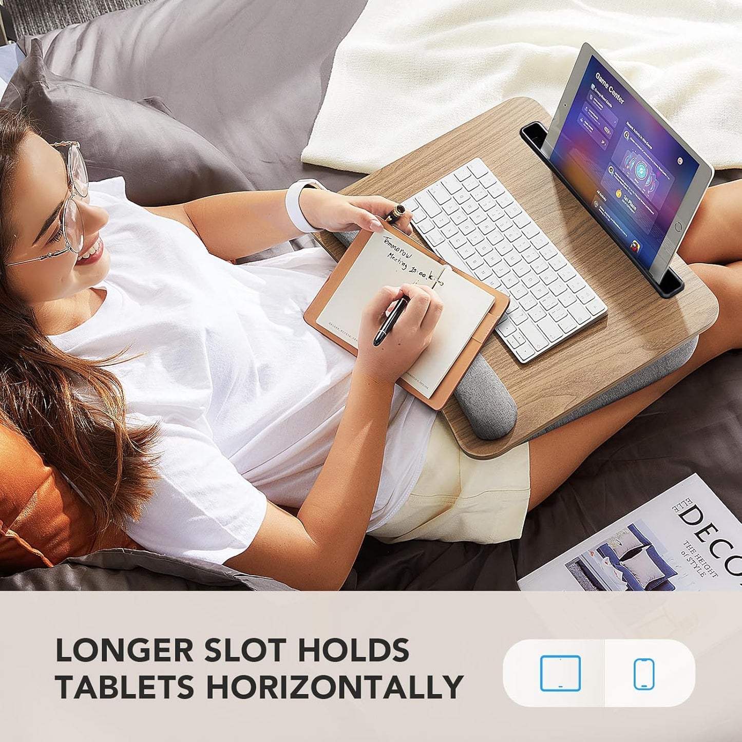 Portable Lap Laptop Desk with Pillow Cushion, Fits up to 15.6 inch Laptop, with Anti-Slip Strip & Storage Function for Home Office Students Use as Computer Laptop Stand, Book Tablet