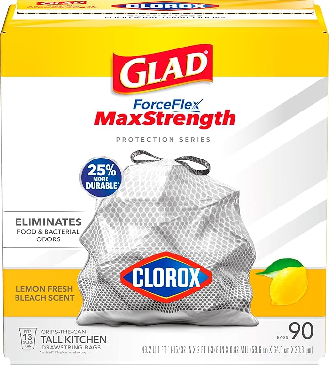Glad Tall Kitchen Trash Bags 13 Gallon, MaxStrength Cherry Blossom Garbage Bags, Drawstring, 90 Count