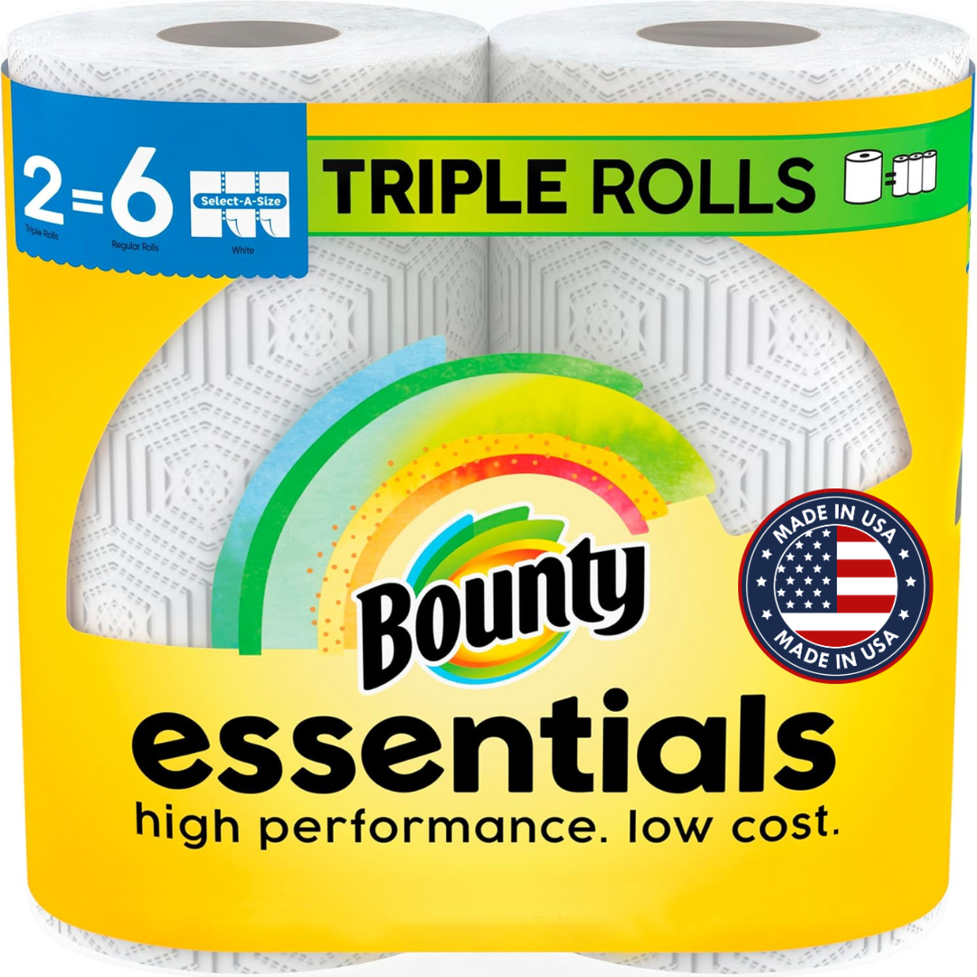 Bounty Essentials Select-A-Size Paper Towels, White, 2 Triple Rolls = 6 Regular Rolls