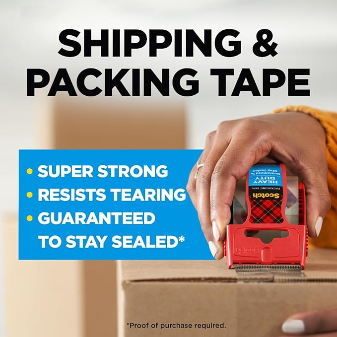 Scotch Heavy Duty Shipping Packaging Tape, 1.88" x 27.7 yd, Great for Packing, Shipping & Moving, Clear, 1 Dispensered Roll (142L)