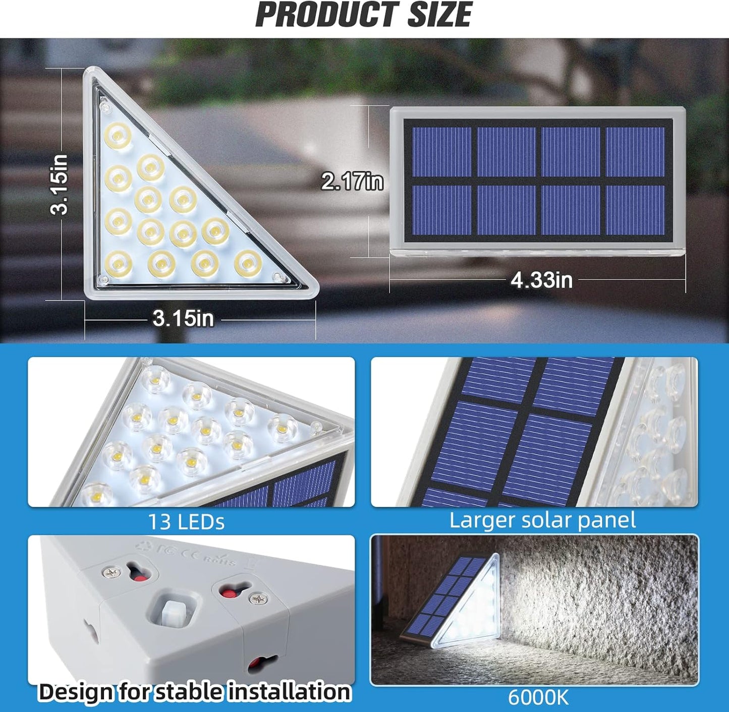 Solar Step Lights for Outside,6 Pack Cool White Solar Stair Lights Outdoor Waterproof IP67 Auto On Off,Solar Lights for Steps,Stair,Patio,Yard,Porch,Front Door,Sidewalk,Deck Decor
