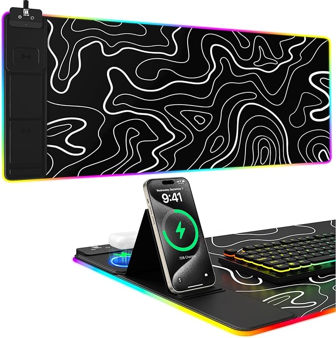 Mouse Pad with Phone Holder, Wireless Charging Desk Mat, RGB Gaming Mousepad Home Office Large Desk Pad with Ultra-Smooth Surface, Non-Slip Base, Waterproof Keyboard Pad, Classic Black Desk Mat