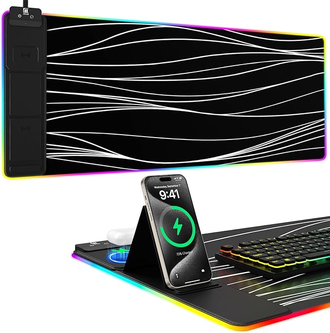 Mouse Pad with Phone Holder, Wireless Charging Desk Mat, RGB Gaming Mousepad Home Office Large Desk Pad with Ultra-Smooth Surface, Non-Slip Base, Waterproof Keyboard Pad, Classic Black Desk Mat