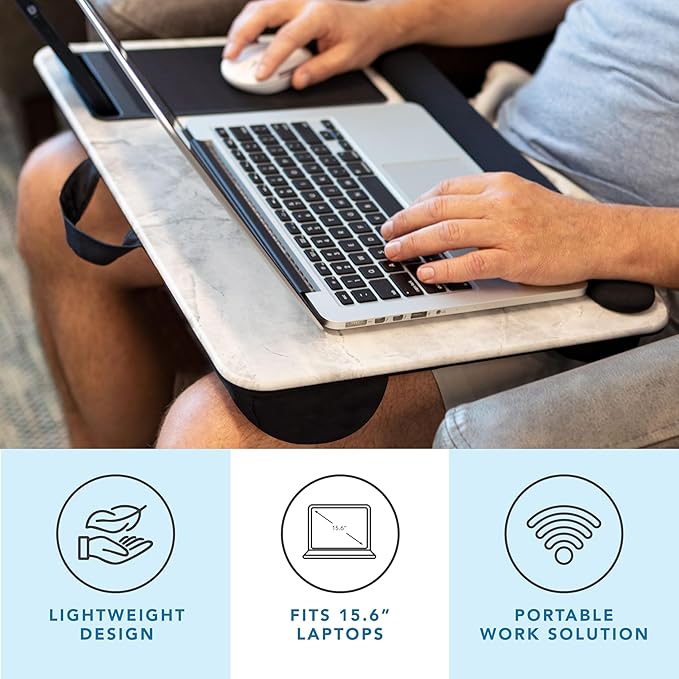 Home Office Pro Lap Desk with Wrist Rest, Mouse Pad, and Phone Holder - White Marble - Fits up to 15.6 Inch Laptops