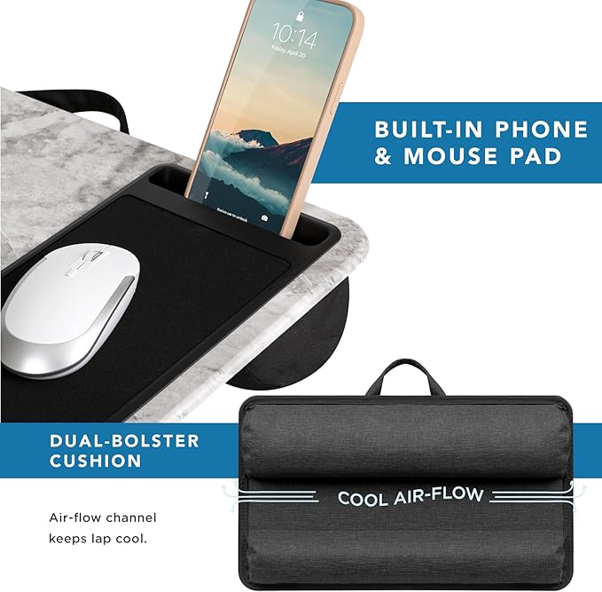 Home Office Pro Lap Desk with Wrist Rest, Mouse Pad, and Phone Holder - White Marble - Fits up to 15.6 Inch Laptops