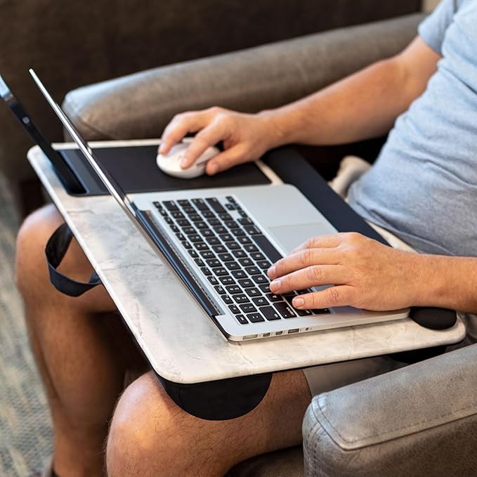 Home Office Pro Lap Desk with Wrist Rest, Mouse Pad, and Phone Holder - White Marble - Fits up to 15.6 Inch Laptops