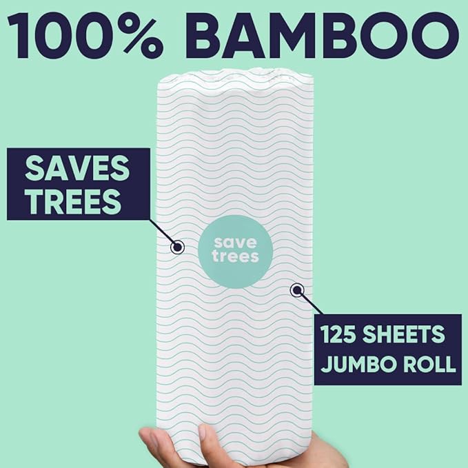 Bamboo Paper Towels 6pk - 750 Sheets Paper Towels Rolls Ultra Absorbent & Durable Eco-Friendly - FSC-Certified, totally Plastic-Free, and Vegan