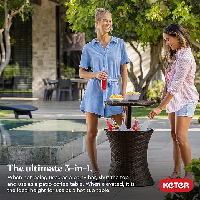 Bar Outdoor Patio Furniture and Hot Tub Side Table with 7.5 Gallon Beer and Wine Cooler, Espresso Brown