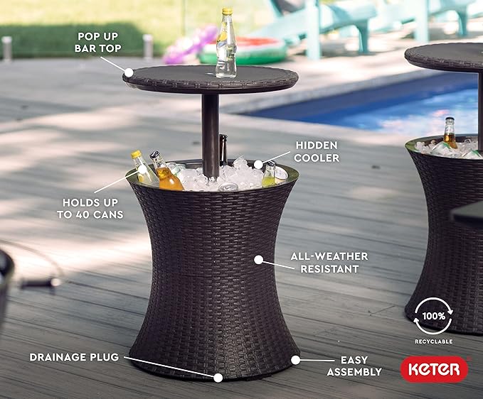 Bar Outdoor Patio Furniture and Hot Tub Side Table with 7.5 Gallon Beer and Wine Cooler, Espresso Brown