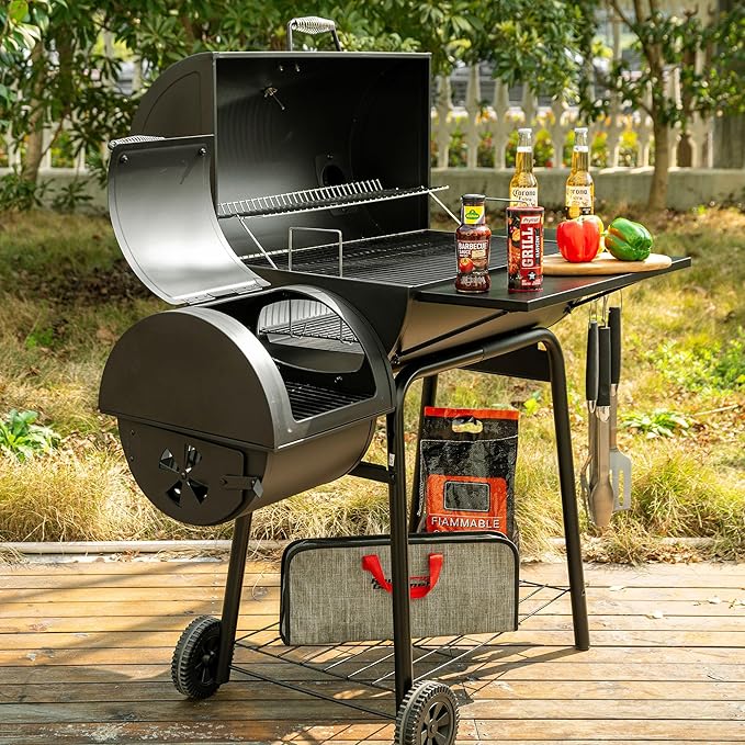 30" BBQ Charcoal Grill and Offset Smoker | 811 Square Inch cooking surface, Outdoor for Camping | Black