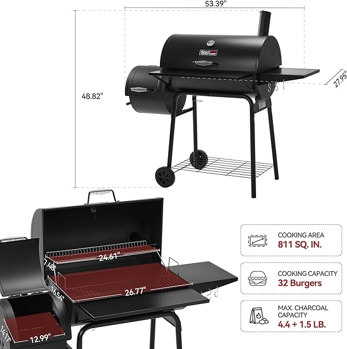 30" BBQ Charcoal Grill and Offset Smoker | 811 Square Inch cooking surface, Outdoor for Camping | Black