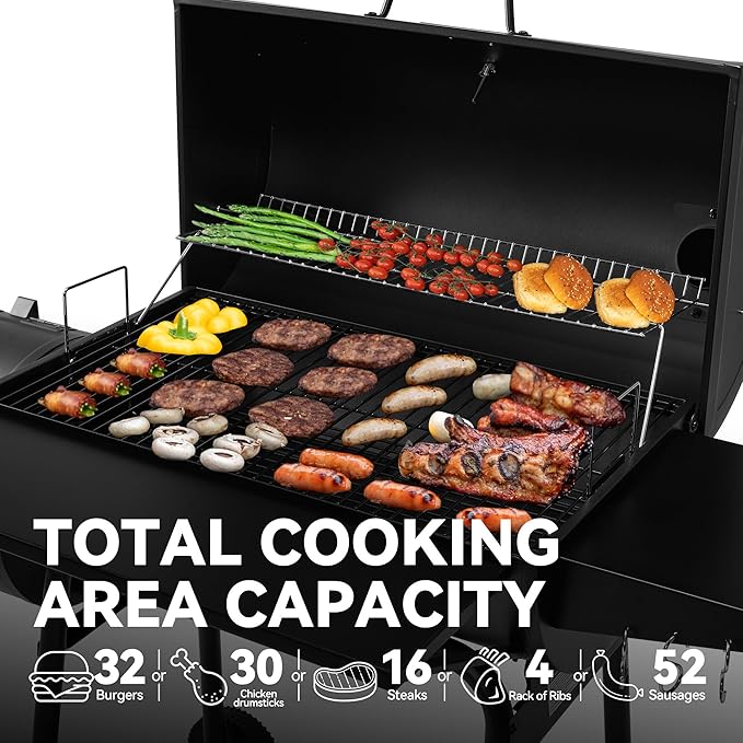30" BBQ Charcoal Grill and Offset Smoker | 811 Square Inch cooking surface, Outdoor for Camping | Black