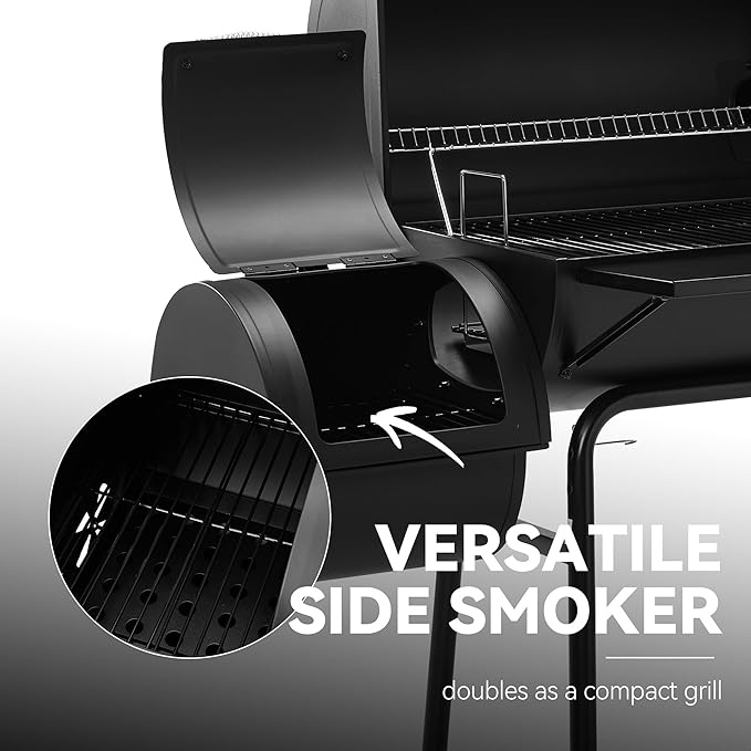 30" BBQ Charcoal Grill and Offset Smoker | 811 Square Inch cooking surface, Outdoor for Camping | Black