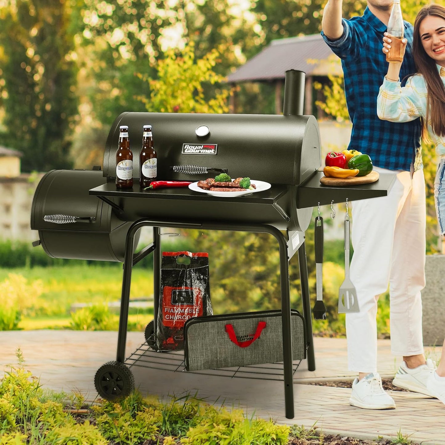 30" BBQ Charcoal Grill and Offset Smoker | 811 Square Inch cooking surface, Outdoor for Camping | Black