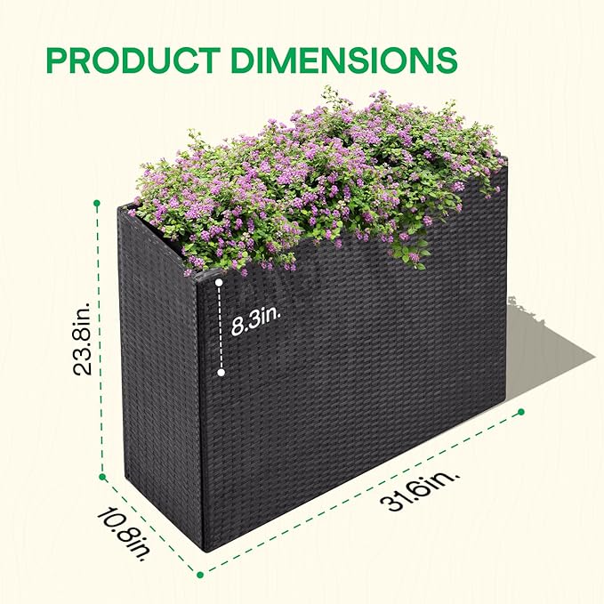 All Weather Wicker Planter Raised Garden Bed, 24 in Tall Round Rattan Flower Pots, Durable Self-Watering Indoor Outdoor Wicker Planters for Porch Patio Balcony