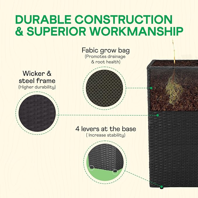 All Weather Wicker Planter Raised Garden Bed, 24 in Tall Round Rattan Flower Pots, Durable Self-Watering Indoor Outdoor Wicker Planters for Porch Patio Balcony