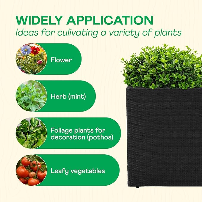 All Weather Wicker Planter Raised Garden Bed, 24 in Tall Round Rattan Flower Pots, Durable Self-Watering Indoor Outdoor Wicker Planters for Porch Patio Balcony
