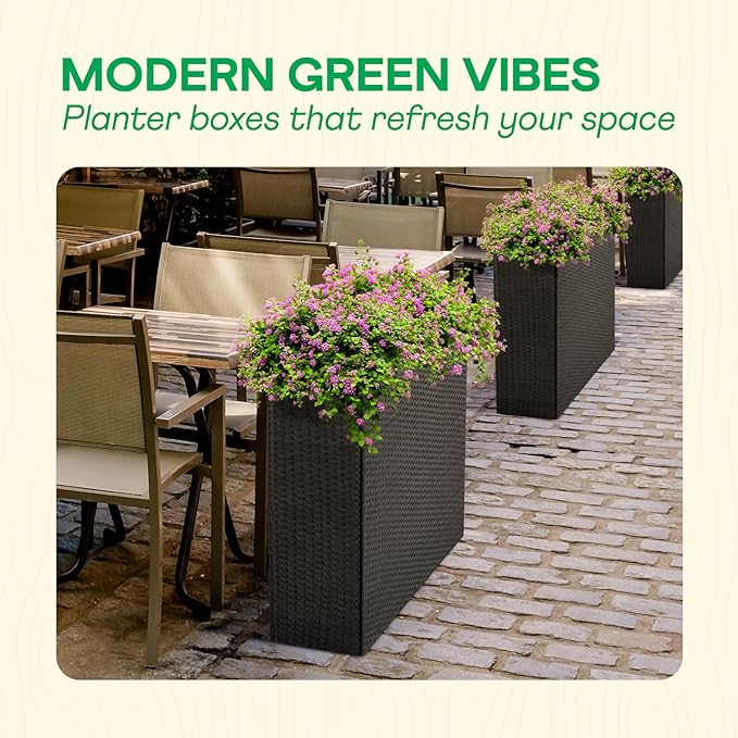 All Weather Wicker Planter Raised Garden Bed, 24 in Tall Round Rattan Flower Pots, Durable Self-Watering Indoor Outdoor Wicker Planters for Porch Patio Balcony