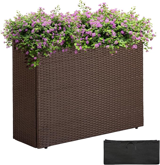 All Weather Wicker Planter Raised Garden Bed, 24 in Tall Round Rattan Flower Pots, Durable Self-Watering Indoor Outdoor Wicker Planters for Porch Patio Balcony