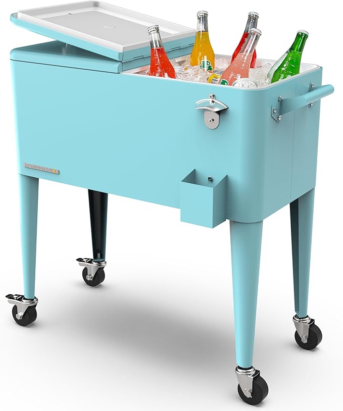 80-Qt Classic Outdoor Patio Cooler for Outside, Beverage Bar Cart With Wheels & Handles, Retro Design