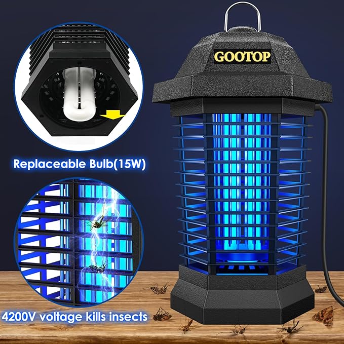 Bug Zapper Outdoor, Mosquito Zapper, Electric Fly Zapper, Mosquito Killer, Fly Traps, 3 Prong Plug, Flying Insects Zapper Indoor Outdoor 90-130V, 4200V, ABS Plastic Outer (Black)