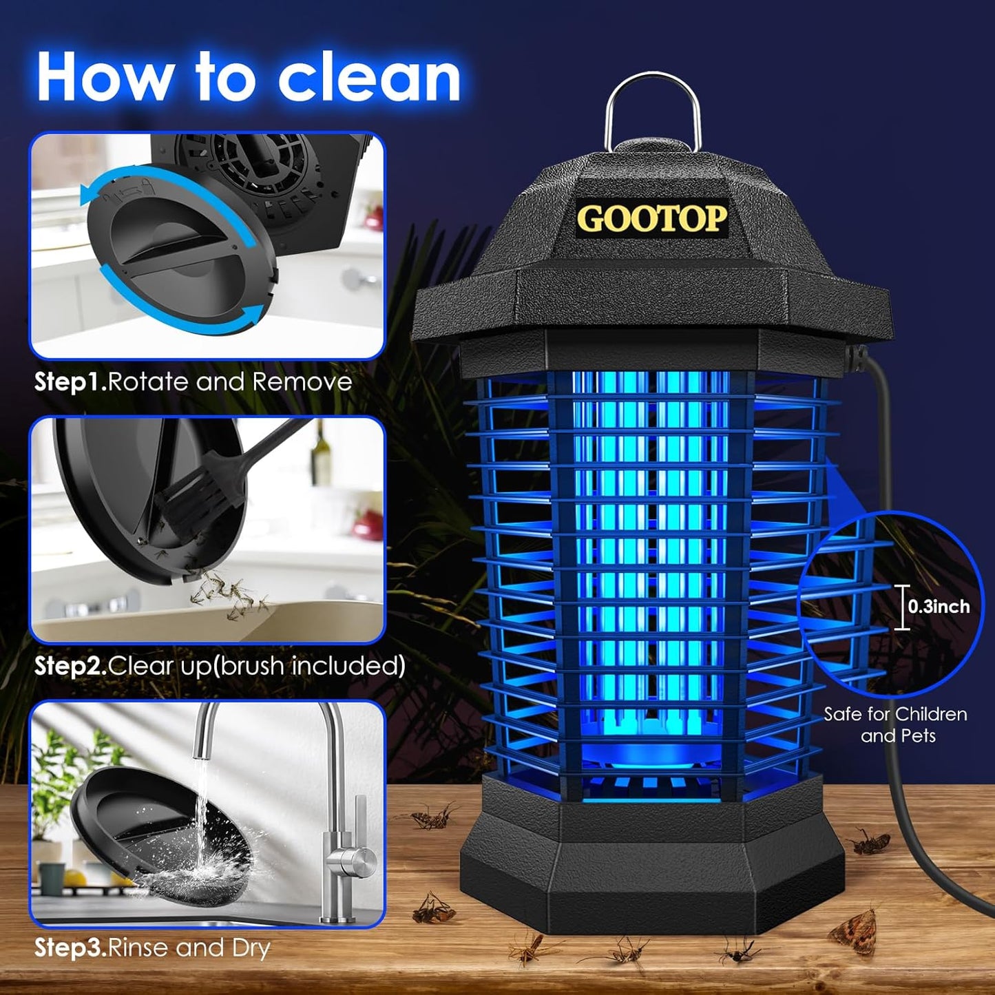 Bug Zapper Outdoor, Mosquito Zapper, Electric Fly Zapper, Mosquito Killer, Fly Traps, 3 Prong Plug, Flying Insects Zapper Indoor Outdoor 90-130V, 4200V, ABS Plastic Outer (Black)