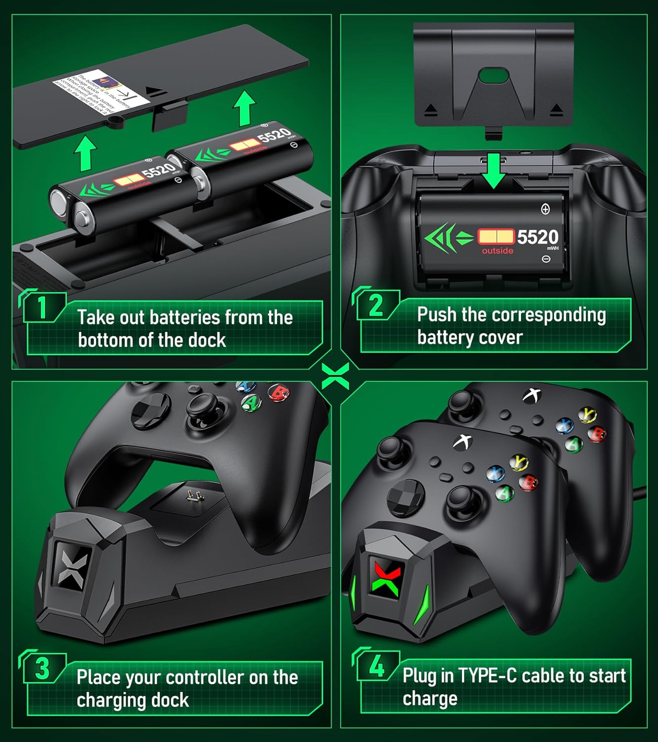 Upgraded Controller Charger Station with 2x5520mWh Rechargeable Battery Packs for Xbox One/Series X|S, Dual Charging Dock for Xbox One Battery Pack (Controller not Included)