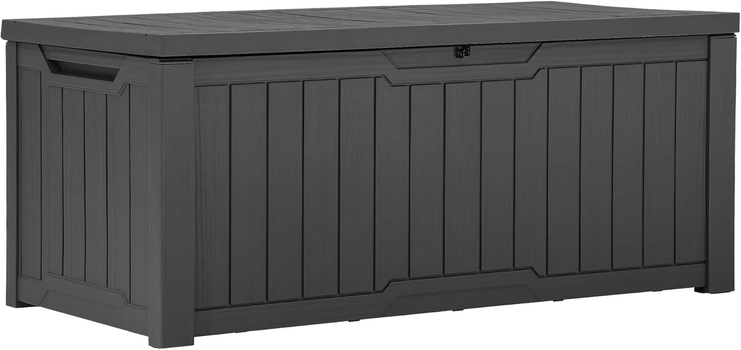 120 Gallon Resin Deck Box, Weather Resistant Outdoor Storage Box for Patio Pillow, Garden Tools, Pool Supplies, Lockable, Easy Assembly, Extra Seat or Table with Cushion (Black)