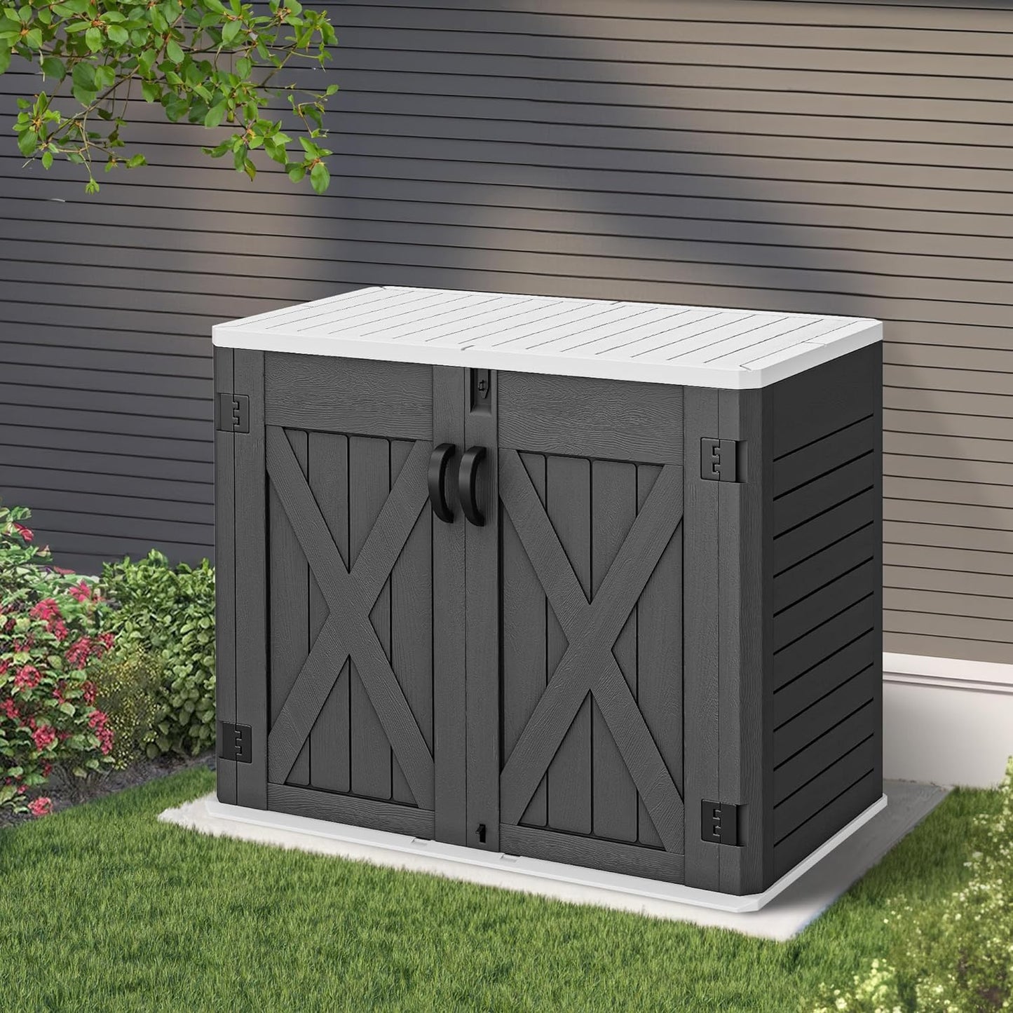 Outdoor Resin Storage Sheds with X-Shaped Lockable Door, 39 in Height Lockable Waterproof Horizontal Shed w/o Shelf,Easy to Assemble Shed Storage for Garden Tools, Brown