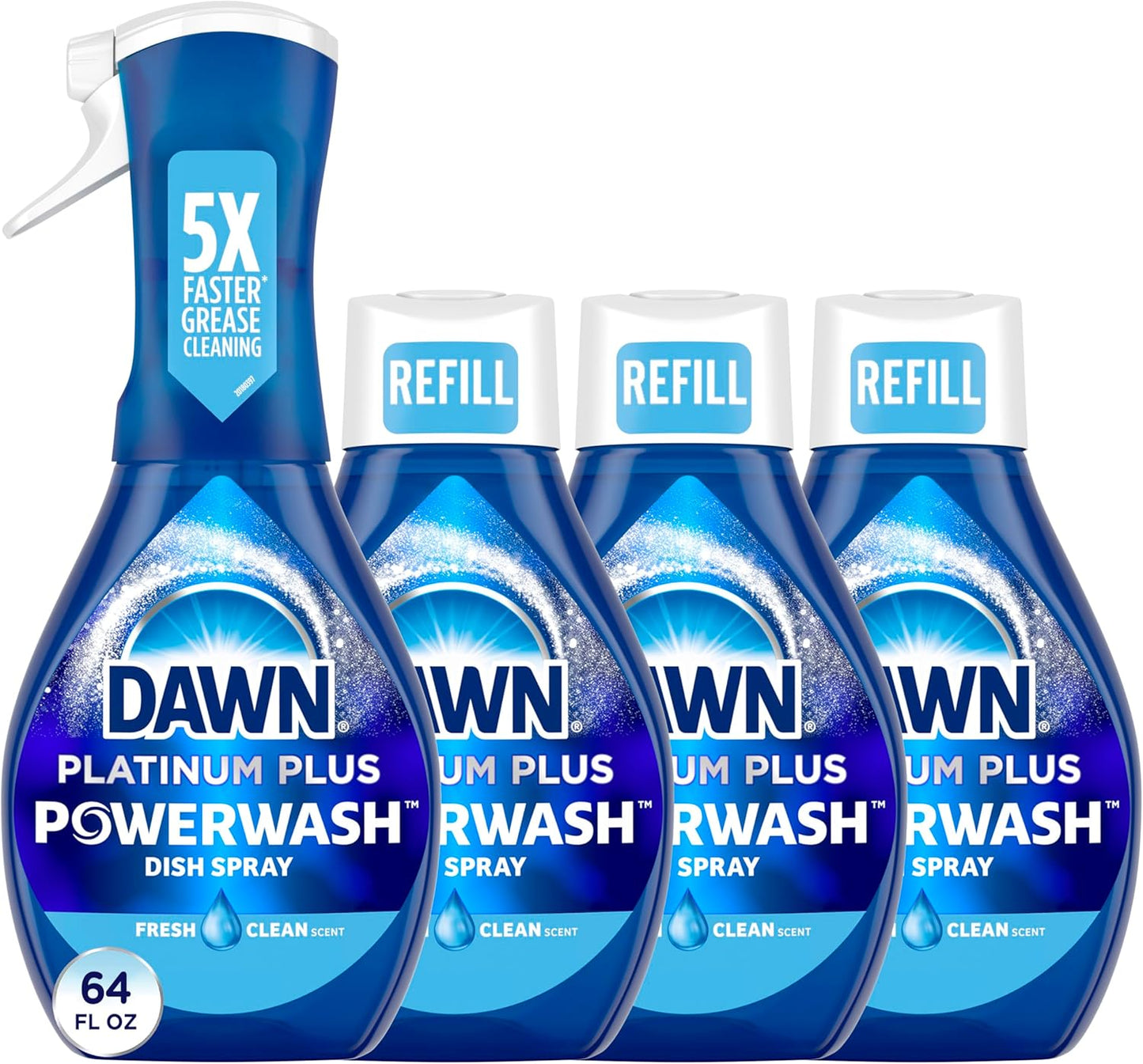 Dawn Powerwash Gain Original Dish Spray, Liquid Dish Soap, Dish Soap Refill, , 1 Starter Kit + 3 Refills, 64 Fl Oz Total (16 fl oz/bottle)