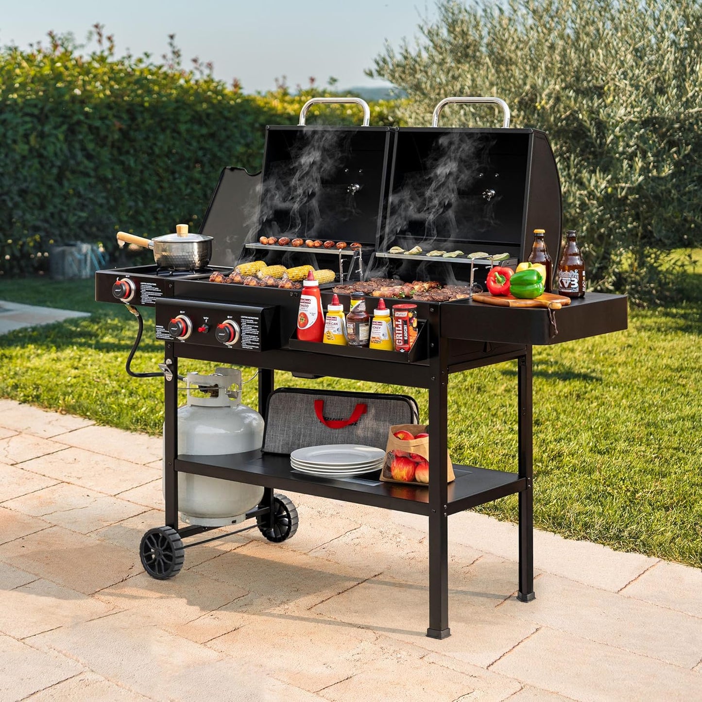 2 Burner Propane Gas and Charcoal Combo Grill with Side Burner & Porcelain-enameled Cast Iron Grates, Dual Fuel BBQ Combo Grill for Outdoor Cooking, Black
