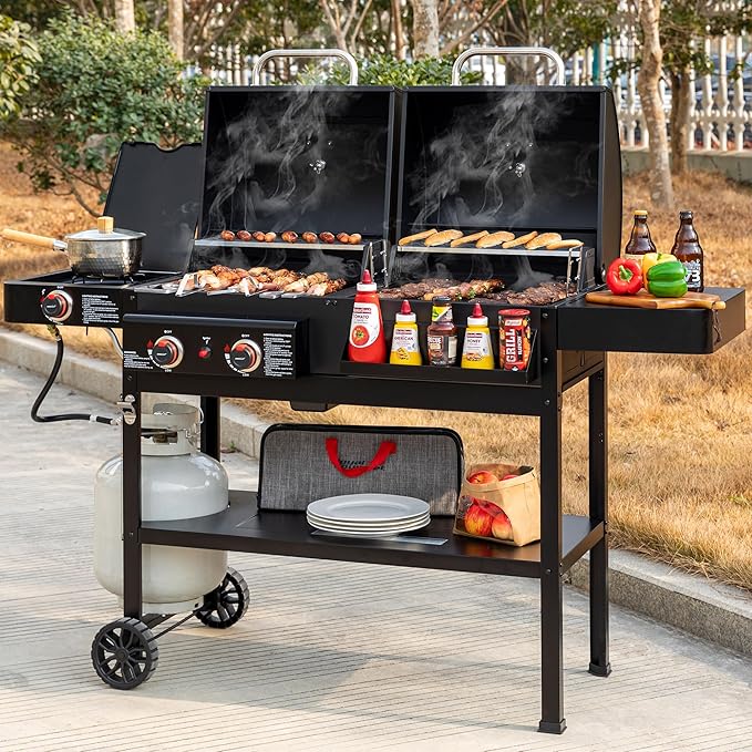 2 Burner Propane Gas and Charcoal Combo Grill with Side Burner & Porcelain-enameled Cast Iron Grates, Dual Fuel BBQ Combo Grill for Outdoor Cooking, Black