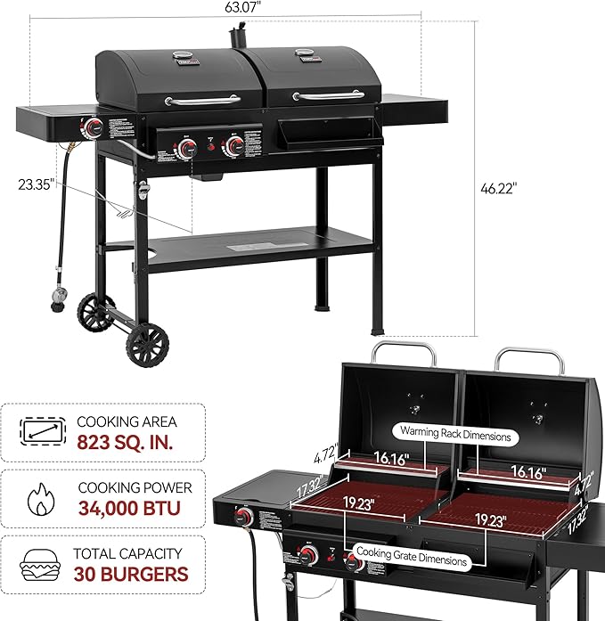 2 Burner Propane Gas and Charcoal Combo Grill with Side Burner & Porcelain-enameled Cast Iron Grates, Dual Fuel BBQ Combo Grill for Outdoor Cooking, Black
