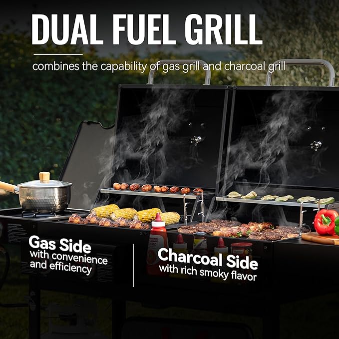 2 Burner Propane Gas and Charcoal Combo Grill with Side Burner & Porcelain-enameled Cast Iron Grates, Dual Fuel BBQ Combo Grill for Outdoor Cooking, Black
