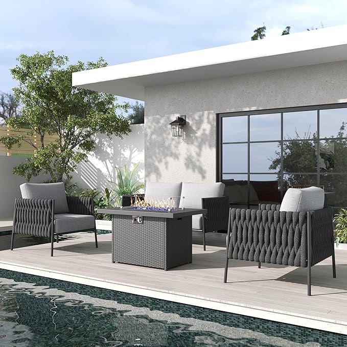 4 Piece Outdoor Furniture Set with Fire Pit Table, Modern Rope Woven Patio Conversation Sofa Set with Olefin Braid and Deep Seating