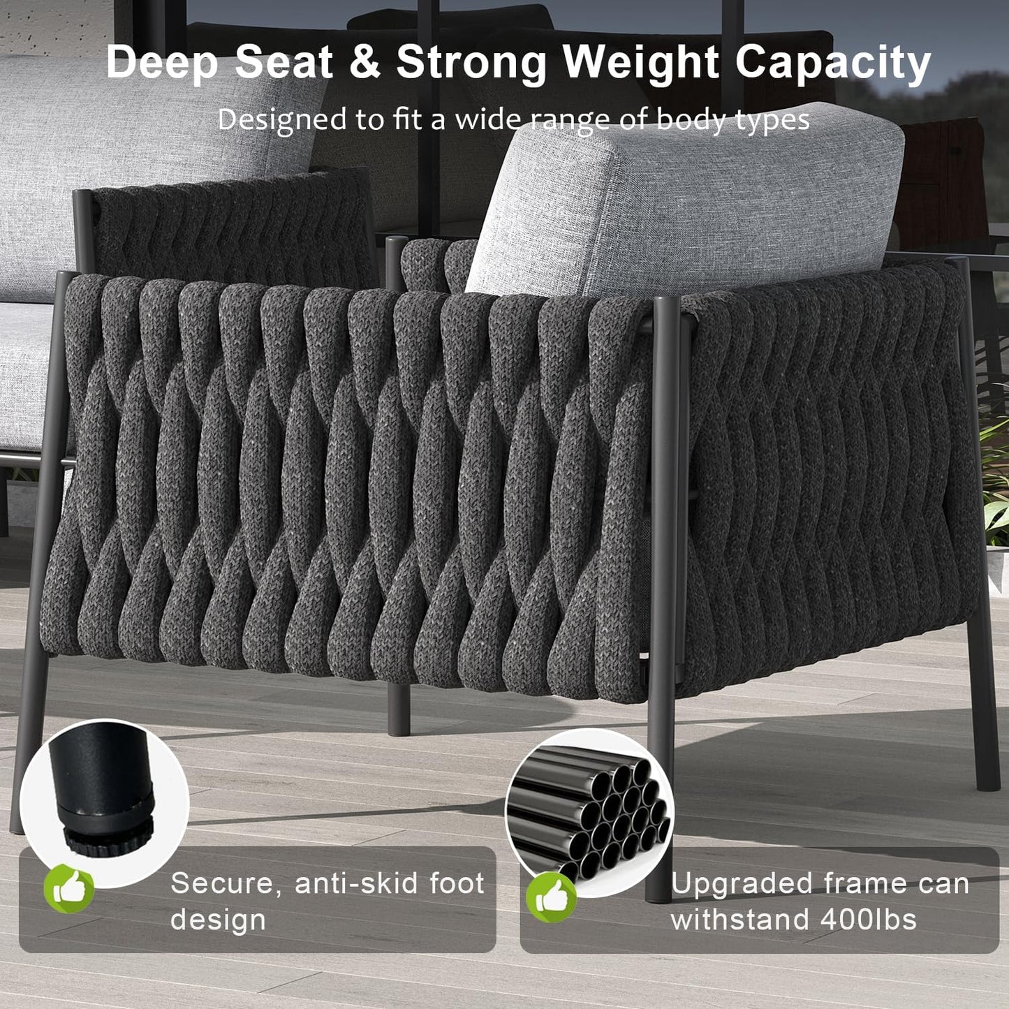 4 Piece Outdoor Furniture Set with Fire Pit Table, Modern Rope Woven Patio Conversation Sofa Set with Olefin Braid and Deep Seating