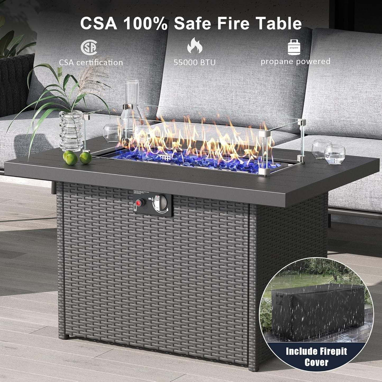 4 Piece Outdoor Furniture Set with Fire Pit Table, Modern Rope Woven Patio Conversation Sofa Set with Olefin Braid and Deep Seating