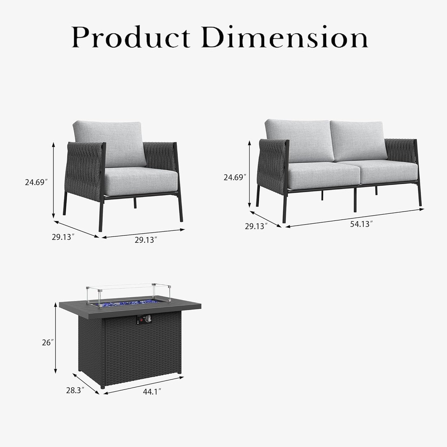 4 Piece Outdoor Furniture Set with Fire Pit Table, Modern Rope Woven Patio Conversation Sofa Set with Olefin Braid and Deep Seating