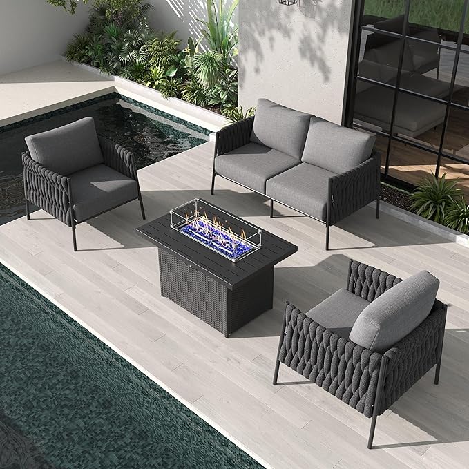 4 Piece Outdoor Furniture Set with Fire Pit Table, Modern Rope Woven Patio Conversation Sofa Set with Olefin Braid and Deep Seating