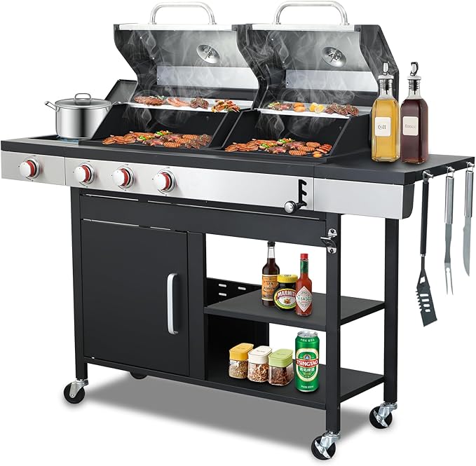 Gas and Charcoal Combo Grill with Side Burner, 37,230 BTU Outdoor BBQ Grill with Porcelain-Enameled Cast Iron Grates and Griddle Plate, Thermometer, Storage Cabinet Rack for Patio, Garden, Backyard