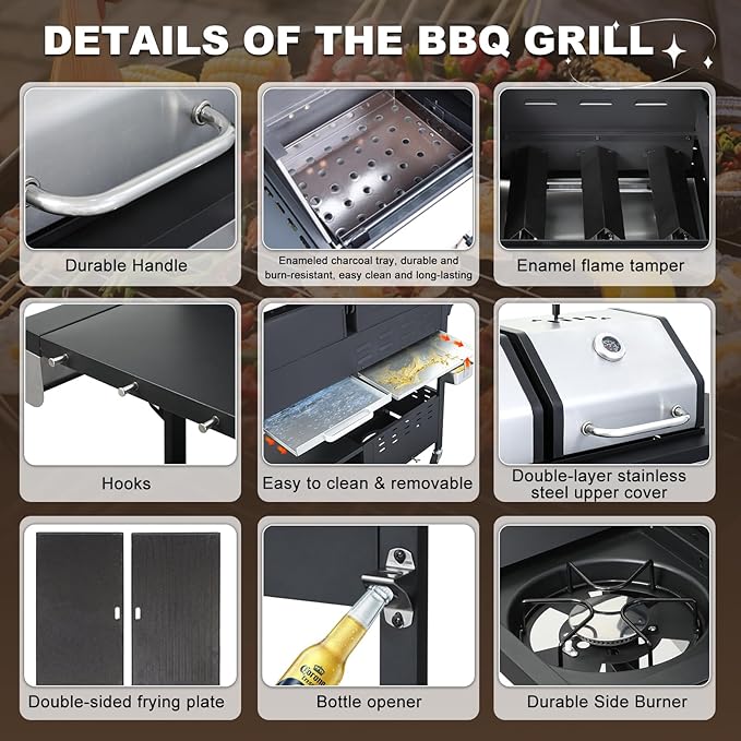 Gas and Charcoal Combo Grill with Side Burner, 37,230 BTU Outdoor BBQ Grill with Porcelain-Enameled Cast Iron Grates and Griddle Plate, Thermometer, Storage Cabinet Rack for Patio, Garden, Backyard