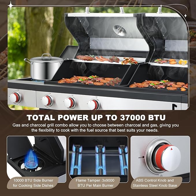 Gas and Charcoal Combo Grill with Side Burner, 37,230 BTU Outdoor BBQ Grill with Porcelain-Enameled Cast Iron Grates and Griddle Plate, Thermometer, Storage Cabinet Rack for Patio, Garden, Backyard