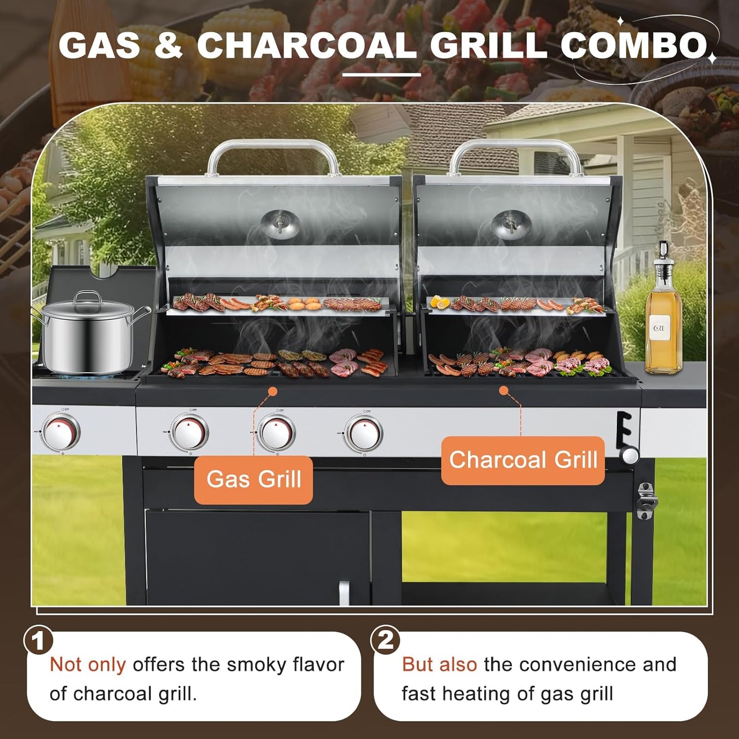 Gas and Charcoal Combo Grill with Side Burner, 37,230 BTU Outdoor BBQ Grill with Porcelain-Enameled Cast Iron Grates and Griddle Plate, Thermometer, Storage Cabinet Rack for Patio, Garden, Backyard