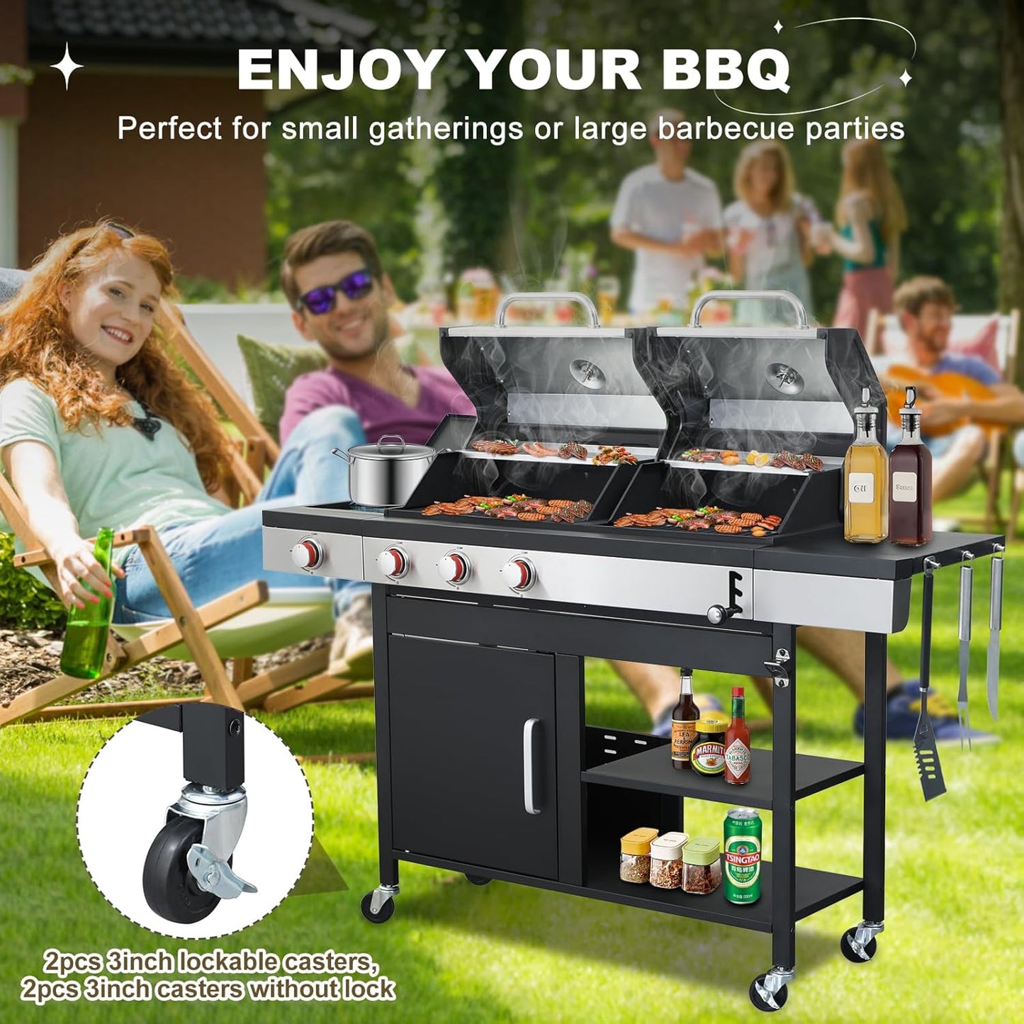 Gas and Charcoal Combo Grill with Side Burner, 37,230 BTU Outdoor BBQ Grill with Porcelain-Enameled Cast Iron Grates and Griddle Plate, Thermometer, Storage Cabinet Rack for Patio, Garden, Backyard