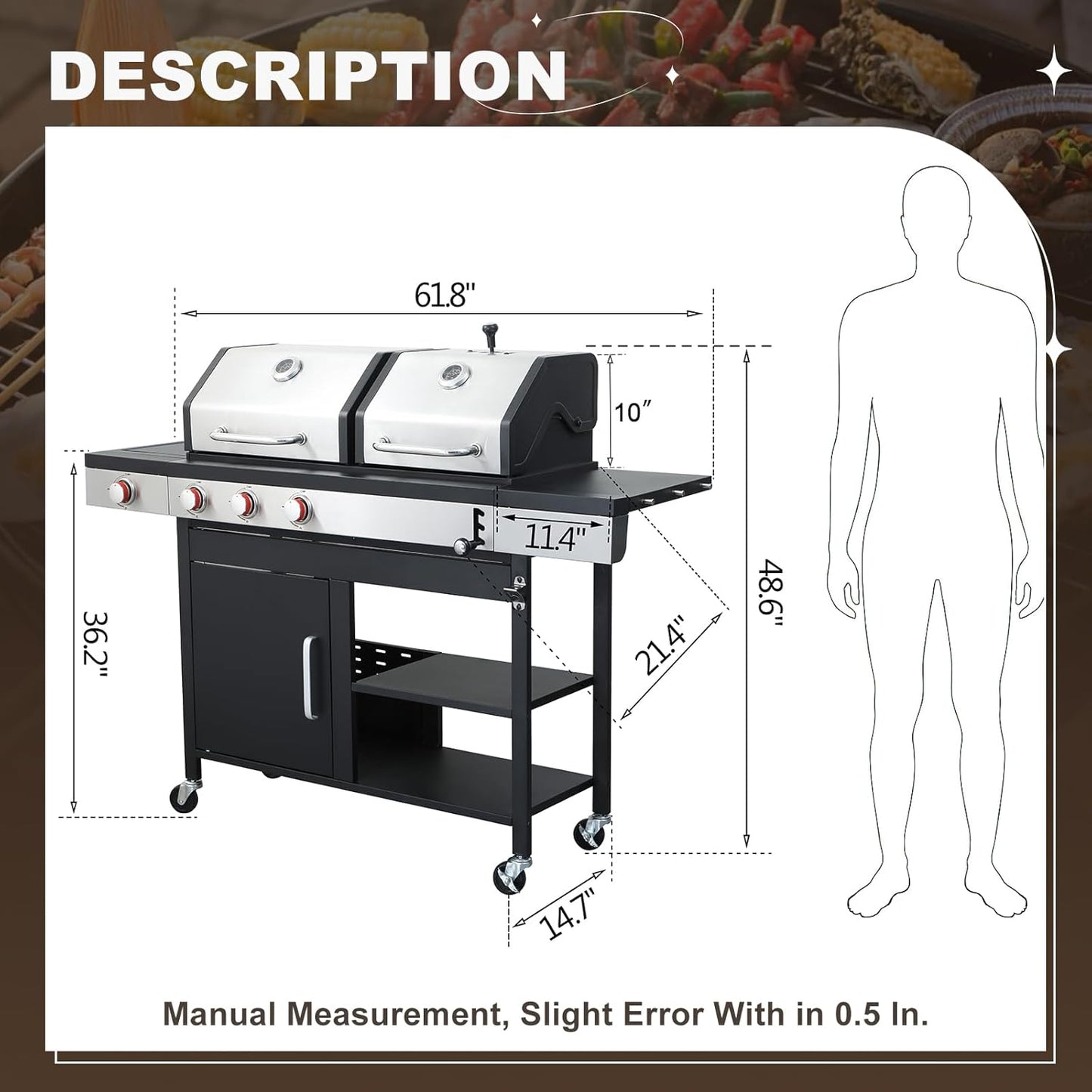 Gas and Charcoal Combo Grill with Side Burner, 37,230 BTU Outdoor BBQ Grill with Porcelain-Enameled Cast Iron Grates and Griddle Plate, Thermometer, Storage Cabinet Rack for Patio, Garden, Backyard