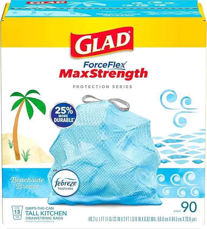 Glad Tall Kitchen Trash Bags 13 Gallon, MaxStrength Cherry Blossom Garbage Bags, Drawstring, 90 Count