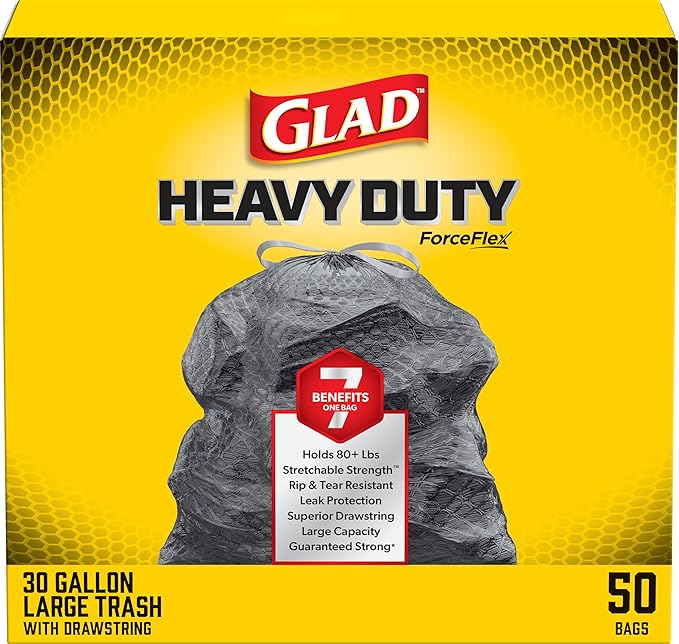 Glad Large 30 Gallon Trash Bags, Unscented Heavy Duty Garbage Bags, Forceflex with Drawstring, 50 Count