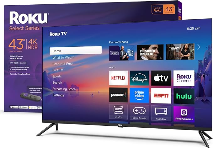 Roku Smart TV 2025 – 43-Inch Select Series, 4K HDR TV – RokuTV with Enhanced Voice Remote – Flat Screen LED Television with Wi-Fi for Streaming Live Local News, Sports, Family Entertainment