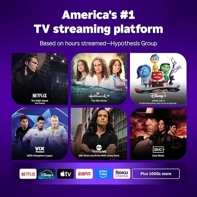 Roku Smart TV 2025 – 43-Inch Select Series, 4K HDR TV – RokuTV with Enhanced Voice Remote – Flat Screen LED Television with Wi-Fi for Streaming Live Local News, Sports, Family Entertainment